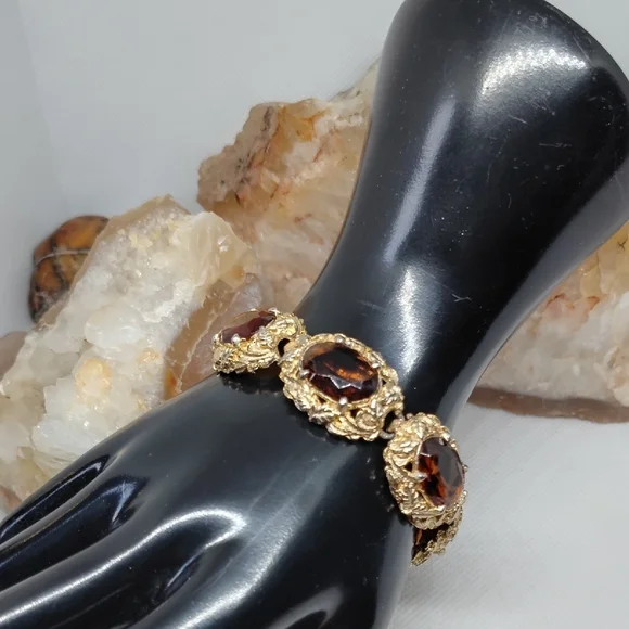Art Deco Czech Glass Elegant Gold Gilt Women's Bracelet - Picture 6 of 10